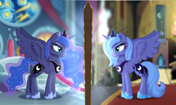 Size: 2500x1500 | Tagged: safe, artist:kiracatastic, imported from derpibooru, princess luna, alicorn, pony, canterlot castle, castle of the royal pony sisters, duality, female, mare, mirror, s1 luna, self paradox, self ponidox