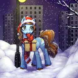 Size: 2000x2000 | Tagged: safe, artist:nika-rain, imported from derpibooru, oc, oc only, oc:sertpony, earth pony, pony, christmas, clothes, gift art, hat, holiday, male, night, present, santa hat, scarf, sketch, snow, snowfall, solo, streetlight