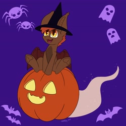 Size: 4096x4096 | Tagged: safe, artist:zackwhitefang, imported from derpibooru, oc, oc only, oc:zack whitefang, bat pony, pony, bat pony oc, halloween, holiday, pumpkin, solo