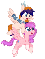 Size: 2888x3720 | Tagged: safe, artist:nitlynjane, imported from derpibooru, oc, oc only, oc:moon tangerine, oc:roselynn, pegasus, derpibooru community collaboration, 2023 community collab, bow, clothes, coat markings, cute, female, flying, hair bow, heterochromia, high res, looking at each other, looking at someone, mare, ocbetes, open mouth, open smile, png, scarf, simple background, smiling, socks (coat markings), spread wings, striped scarf, transparent background, wings