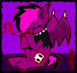 Size: 1604x1530 | Tagged: safe, artist:xxv4mp_g4z3rxx, imported from derpibooru, oc, oc:violet valium, bat pony, pony, bat pony oc, collar, emo, fangs, kazoo, musical instrument, playing instrument, sitting, solo, spiked collar