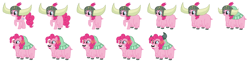 Size: 3840x1038 | Tagged: safe, artist:qjosh, imported from derpibooru, pinkie pie, earth pony, pony, yak, female, helmet, honorary yak horns, horned helmet, pinkie yak, simple background, solo, species swap, transformation, transformation sequence, viking helmet, white background, yakified