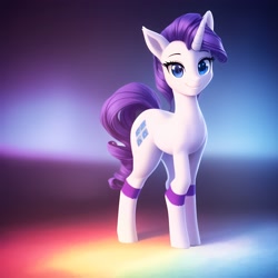 Size: 3072x3072 | Tagged: safe, generator:anything pony: sd is magic, imported from derpibooru, rarity, pony, unicorn, ai content, ai generated, anatomically incorrect, blue eyes, clothes, generator:stable diffusion, incorrect leg anatomy, looking at you, simple background, smiling, socks, solo, white socks