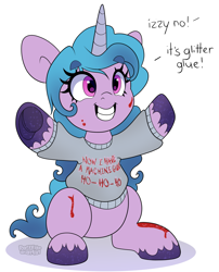 Size: 1973x2445 | Tagged: safe, artist:partylikeanartist, imported from derpibooru, izzy moonbow, pony, unicorn, christmas, christmas sweater, clothes, die hard, female, frog (hoof), g5, glitter, holiday, misleading thumbnail, not blood, simple background, sitting, solo, speech bubble, sweater, text, underhoof, unshorn fetlocks, white background