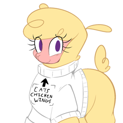 Size: 1000x1000 | Tagged: safe, artist:malachimoet, imported from derpibooru, alpaca, them's fightin' herds, clothes, community related, implied ponies eating meat, looking at you, paprika (tfh), shirt, simple background, solo, white background