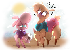 Size: 1126x788 | Tagged: safe, artist:malachimoet, imported from derpibooru, alpaca, lamb, sheep, them's fightin' herds, ball, beach, clothes, cloven hooves, community related, duo, female, food, football, ice cream, no pupils, paprika (tfh), pom (tfh), sports, swimsuit