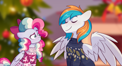 Size: 1950x1063 | Tagged: safe, artist:skysorbett, imported from derpibooru, oc, oc only, oc:sky sorbet, oc:twister joy, pegasus, pony, blurry background, christmas, christmas lights, clothes, couple, female, holiday, male, mare, pegasus oc, stallion, sweater