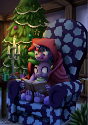 Size: 1202x1700 | Tagged: safe, artist:tarkron, imported from derpibooru, spike, twilight sparkle, dragon, pony, blanket, book, bookshelf, candle, christmas, christmas tree, couch, cute, female, holiday, male, mare, reading, spikabetes, spikelove, tree, twiabetes