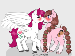 Size: 678x510 | Tagged: safe, artist:luna_mcboss, imported from derpibooru, oc, oc only, oc:dr.heart, oc:yamire, clydesdale, earth pony, pony, blaze (coat marking), blue eyes, blushing, blushing profusely, brown mane, coat markings, duo, ear fluff, eyes closed, facial markings, feathered wings, hair tie, kiss on the lips, kissing, long hair, long hair male, oc x oc, pink coat, pink mane, raised leg, shipping, shocked, shocked expression, shocked eyes, socks (coat markings), unshorn fetlocks, white coat, wholesome, wings