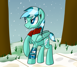 Size: 2521x2202 | Tagged: safe, artist:notadeliciouspotato, imported from derpibooru, oc, oc only, oc:wavewind, pegasus, pony, clothes, earbuds, folded wings, looking up, male, mp3 player, raised leg, scarf, smiling, snow, snowfall, socks, solo, stallion, tree, wings