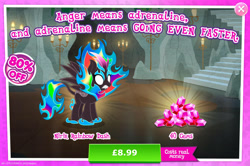 Size: 1957x1302 | Tagged: safe, imported from derpibooru, rainbow dash, kirin, nirik, winged kirin, advertisement, costs real money, english, fangs, female, fire, gameloft, gem, horn, kirin rainbow dash, kirin-ified, mane of fire, my little pony: magic princess, numbers, official, sale, solo, solo focus, species swap, spread wings, text, wings