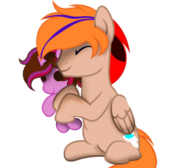 Size: 2120x2038 | Tagged: safe, artist:fededash, imported from derpibooru, oc, oc only, oc:fededash, oc:kathepaint, pegasus, eyes closed, freckles, hug, pegasus oc, plushie, simple background, sitting, smiling, transparent background