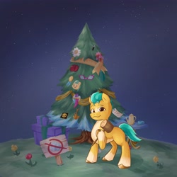 Size: 4096x4096 | Tagged: safe, artist:felldeal, imported from derpibooru, hitch trailblazer, earth pony, pony, series:daily drawing december, christmas, cup, flower, g5, glasses, hammer, holiday, looking at you, male, present, sign, stallion, teacup, teapot, tree, unshorn fetlocks