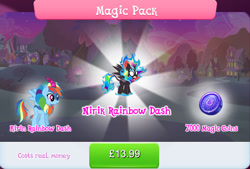 Size: 1268x857 | Tagged: safe, imported from derpibooru, rainbow dash, kirin, nirik, winged kirin, bundle, costs real money, duality, english, fangs, female, fire, gameloft, horn, kirin rainbow dash, kirin-ified, magic coins, mane of fire, mobile game, my little pony: magic princess, numbers, official, sale, solo, solo focus, species swap, spread wings, text, wings