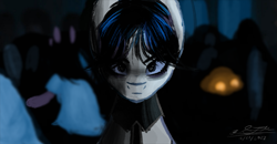 Size: 1247x649 | Tagged: safe, artist:janeblood969, artist:slightningdash, imported from derpibooru, pony, emotionless, fanart, female, goth, gothic, light, lightning, mare, ponified, shading, staring at you, wednesday (series), wednesday addams