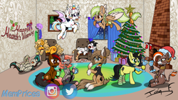 Size: 3840x2160 | Tagged: safe, artist:memprices, imported from derpibooru, oc, oc only, oc:balthy, oc:caramel frappe, oc:confetti cupcake, oc:ginger oreo, oc:orange delight, oc:pauly sentry, oc:seafare breeze, oc:sylvia evergreen, oc:twinny, oc:zhanna, bat pony, earth pony, pegasus, pony, unicorn, zebra, 4k, armchair, bat pony oc, bowtie, braid, braided pigtails, chair, chest fluff, chocolate, christmas, christmas lights, christmas stocking, christmas tree, clothes, clothes hanger, colored, commission, confetti, cookie, curly hair, curly tail, curtains, ear fluff, ear piercing, earring, earth pony oc, eggnog, female, festive, fireplace, flying, food, freckles, gift wrapped, hat, having fun, hearth's warming, hearth's warming eve, high res, holiday, horn, hot chocolate, jewelry, lesbian, licking, licking lips, looking at each other, looking at someone, lying down, marshmallow, mlem, mug, nom, on back, party hat, pegasus oc, photo frame, piercing, pigtails, room, rug, santa hat, signature, silly, simple shading, sitting, sleeping, smiling, smiling at each other, snow, snowfall, social media, socks, standing, tail, talking, toasting, tongue out, toy, tree, unicorn oc, unshorn fetlocks, wallpaper, window, zebra oc