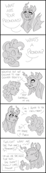 Size: 510x1905 | Tagged: safe, artist:lockandkeyhyena, imported from derpibooru, pinkie pie, queen chrysalis, changeling, changeling queen, earth pony, pony, annoyed, cellphone, comic, confused, duo, female, grayscale, hoof hold, implied twilight sparkle, mare, monochrome, phone, simple background, speech bubble, white background