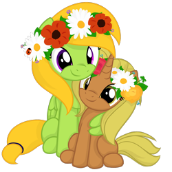 Size: 1200x1200 | Tagged: safe, artist:candy meow, derpibooru exclusive, imported from derpibooru, oc, oc only, oc:aurora lulamoon, oc:candy meow, insect, ladybug, pegasus, pony, unicorn, derpibooru community collaboration, 2023 community collab, clover, daisy (flower), duo, female, filly, floral head wreath, flower, foal, horn, hug, mare, pegasus oc, poppy, rose, simple background, sitting, smiling, thundermeow, transparent background, unicorn oc, winghug, wings