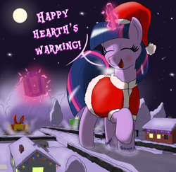 Size: 2520x2445 | Tagged: safe, artist:qkersnll, imported from derpibooru, twilight sparkle, alicorn, pony, blushing, christmas, christmas lights, destruction, eyes closed, female, giant pony, giantess, happy hearth's warming, hat, hearth's warming, high res, holiday, house, macro, mare, moon, night, present, property damage, santa hat, signature, smiling, snow, solo, twilight sparkle (alicorn)