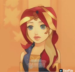 Size: 1122x1088 | Tagged: safe, artist:cluxie pluxie, imported from derpibooru, sunset shimmer, human, equestria girls, ai content, ai generated, big lips, faceplay, orange background, simple background, solo