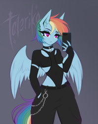 Size: 2779x3496 | Tagged: safe, artist:taleriko, imported from derpibooru, rainbow dash, anthro, pegasus, breasts, clothes, cool, explicit source, female, small breasts, solo