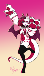 Size: 828x1414 | Tagged: safe, artist:randystrike, imported from derpibooru, oc, oc only, oc:spencer black, anthro, bat pony, dragon, bat wings, bikini, bikini top, clothes, dragon tail, gradient background, paw socks, plushie hands, solo, swimsuit, tail, tongue out, wings