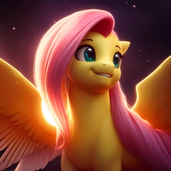 Size: 3072x3072 | Tagged: safe, generator:lucidpony:sd is magic 2, imported from derpibooru, fluttershy, pegasus, pony, ai content, ai generated, cute, generator:stable diffusion, green eyes, looking away, shyabetes, simple background, smiling, solo, wings