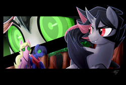 Size: 2524x1710 | Tagged: safe, artist:ragecaths, imported from derpibooru, oc, oc:bezou, oc:fenris ebonyglow, oc:kara waypoint, earth pony, pegasus, pony, succubus, female, forest, hypno eyes, male, mare, mind control, night, stallion