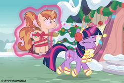 Size: 3759x2531 | Tagged: safe, artist:gypsykumquat, imported from derpibooru, twilight sparkle, oc, oc:clovette, alicorn, pony, unicorn, abduction, bondage, canon x oc, christmas, christmas gift, clothes, eyes closed, glowing, glowing horn, hearth's warming eve, holiday, horn, inkscape, kidnapped, levitation, magic, magic aura, present, smiling, telekinesis, trotting, twilight sparkle (alicorn), unicorn oc, vector, wide eyes, winter, winter outfit