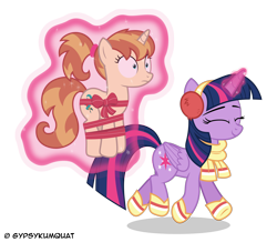 Size: 7407x6448 | Tagged: safe, artist:gypsykumquat, imported from derpibooru, twilight sparkle, oc, oc:clovette, alicorn, pony, unicorn, abduction, absurd file size, bondage, canon x oc, christmas, christmas gift, clothes, eyes closed, hearth's warming eve, holiday, inkscape, kidnapped, levitation, magic, magic aura, present, simple background, smiling, telekinesis, transparent background, trotting, twilight sparkle (alicorn), vector, wide eyes, winter, winter outfit