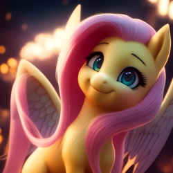 Size: 3072x3072 | Tagged: safe, generator:lucidpony:sd is magic 2, imported from derpibooru, fluttershy, pegasus, pony, ai content, ai generated, cute, generator:stable diffusion, green eyes, looking at you, shyabetes, simple background, smiling, solo, wings