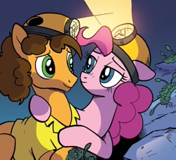 Size: 825x750 | Tagged: safe, artist:pencils, idw, imported from derpibooru, cheese sandwich, pinkie pie, earth pony, pony, spoiler:comic, spoiler:comic94, blushing, comic, duo, eye contact, female, g4, helmet, looking at each other, looking at someone, male, mare, mining helmet, muffletta, season 10, shipping fuel, stallion