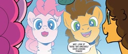 Size: 1334x565 | Tagged: safe, artist:pencils, idw, imported from derpibooru, cheese sandwich, pinkie pie, earth pony, pony, spoiler:comic, spoiler:comic94, cute, dialogue, diapinkes, duo, female, flirting, g4, male, mare, reflection, season 10, shipping fuel, speech bubble, stallion