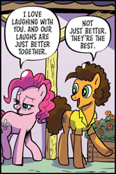 Size: 724x1085 | Tagged: safe, artist:pencils, idw, imported from derpibooru, cheese sandwich, pinkie pie, earth pony, pony, spoiler:comic, spoiler:comic95, blushing, dialogue, duo, female, g4, male, mare, season 10, shipping fuel, speech bubble, stallion