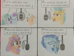 Size: 4160x3120 | Tagged: safe, artist:don2602, imported from derpibooru, hitch trailblazer, sunny starscout, earth pony, pegasus, pony, unicorn, comic:do ponies know it's christmas?, comic:do ponies know it's christmas? (g5 edition), band aid (music group), bust, do they know it's christmas, ed sheeran, eyes closed, g5, glory (g5), looking up, misty brightdawn, music notes, one direction, peach fizz, pippsqueak trio, pippsqueaks, recording studio, rita ora, sam smith, seashell (g5), singing, song reference, traditional art