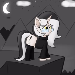 Size: 3000x3000 | Tagged: safe, artist:bestponies, imported from derpibooru, oc, oc only, oc:diamond horseshoe, pony, unicorn, clothes, cloud, confident, glasses, horn, looking up, moon, mountain, smiling, socks, solo, stars, sweater, unicorn oc, yellow eyes