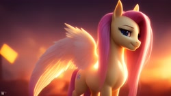 Size: 4096x2304 | Tagged: safe, generator:lucidpony:sd is magic 2, imported from derpibooru, fluttershy, pegasus, pony, ai content, ai generated, blue eyes, female, generator:stable diffusion, looking at you, simple background, smiling, solo, wings