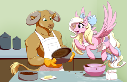 Size: 2667x1728 | Tagged: safe, artist:mythpony, imported from derpibooru, oc, oc only, oc:bay breeze, oc:maximum effort, minotaur, pegasus, pony, apron, baking, bow, clothes, cute, female, flying, hair bow, mare, minotaur oc, oven mitts, pegasus oc, tail, tail bow