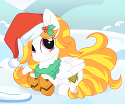 Size: 1280x1064 | Tagged: safe, artist:vi45, imported from derpibooru, oc, pegasus, pony, christmas, female, hat, holiday, lying down, mare, prone, santa hat, solo