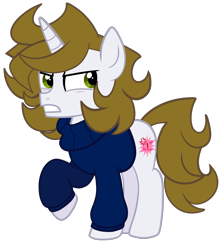 Size: 900x1013 | Tagged: safe, artist:saveraedae, imported from derpibooru, oc, oc only, oc:benjamane hoofington, pony, unicorn, angry, clothes, colt, foal, looking offscreen, male, ponified, raised hoof, show accurate, simple background, solo, sweater, teenager, the mark side, transparent background