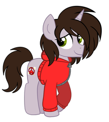 Size: 900x1013 | Tagged: safe, artist:saveraedae, imported from derpibooru, oc, oc only, oc:jonatrot hoofington, pony, unicorn, brown mane, brown tail, clothes, colt, foal, full body, hooves, horn, jacket, looking offscreen, male, ponified, show accurate, simple background, smiling, solo, standing, tail, teenager, the mark side, transparent background, unicorn oc