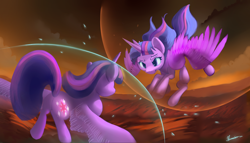 Size: 4200x2400 | Tagged: safe, artist:auroriia, imported from derpibooru, twilight sparkle, alicorn, pony, duality, duo, female, machine learning abomination, magic, self paradox, self ponidox, style emulation, twilight sparkle (alicorn)