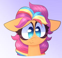 Size: 1323x1235 | Tagged: safe, artist:saveraedae, imported from derpibooru, sunny starscout, earth pony, pony, amogus eyes, among us, bust, crying, female, g5, gradient background, mare, meme, portrait, sad, solo, wavy mouth