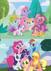 Size: 735x1017 | Tagged: safe, imported from derpibooru, screencap, applejack, cheerilee (g3), fluttershy, pinkie pie, pinkie pie (g3), rainbow dash, rainbow dash (g3), rarity, scootaloo (g3), starsong, sweetie belle (g3), toola roola, twilight sparkle, pony, unicorn, twinkle wish adventure, comparison, g3.5, g4, mane six opening poses, unicorn twilight