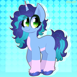 Size: 2000x2000 | Tagged: safe, artist:saveraedae, imported from derpibooru, pony, unicorn, abstract background, blank flank, coat markings, colored hooves, colored horn, cute, eye clipping through hair, female, full body, g5, horn, looking at you, mare, misty brightdawn, pale belly, smiling, smiling at you, socks (coat markings), solo, standing, tail, two toned mane, two toned tail, unshorn fetlocks