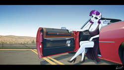 Size: 3840x2160 | Tagged: safe, artist:apocheck13, imported from derpibooru, rarity, anthro, plantigrade anthro, unicorn, breasts, car, cleavage, clothes, convertible, day, desert, dress, eyebrows, eyelashes, female, grass, grin, high heels, horn, looking at you, outdoors, reasonably sized breasts, shoes, signature, sky, smiling, smiling at you, solo