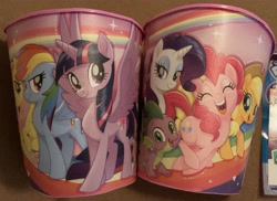 Size: 3996x2908 | Tagged: safe, imported from derpibooru, applejack, fluttershy, pinkie pie, rainbow dash, rarity, spike, twilight sparkle, alicorn, earth pony, pegasus, pony, unicorn, my little pony: the movie, cup, g4, merchandise, photo, plastic, twilight sparkle (alicorn)