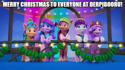 Size: 888x499 | Tagged: safe, edit, edited screencap, imported from derpibooru, screencap, hitch trailblazer, izzy moonbow, pipp petals, sunny starscout, zipp storm, dragon, earth pony, pegasus, pony, unicorn, spoiler:g5, spoiler:winter wishday, 3d, christmas, female, g5, holiday, male, mane five (g5), mare, my little pony: make your mark, my little pony: make your mark chapter 3, sparky sparkeroni, stallion, winter wishday