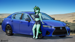 Size: 3840x2160 | Tagged: safe, artist:apocheck13, imported from derpibooru, oc, oc:eden shallowleaf, anthro, pegasus, plantigrade anthro, belly button, car, clothes, desert, feet, flip-flops, heel pop, lexus, midriff, pegasus oc, road, sandals, shorts, vehicle, wheel