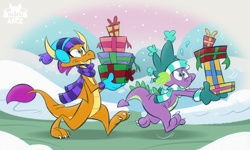 Size: 2200x1320 | Tagged: safe, artist:spicytacozzz, imported from derpibooru, smolder, spike, dragon, pony, cap, christmas, christmas presents, clothes, dragoness, earmuffs, female, gloves, hat, hearth's warming, holiday, male, outdoors, package, present, scarf, snow, snowfall, striped scarf, winter